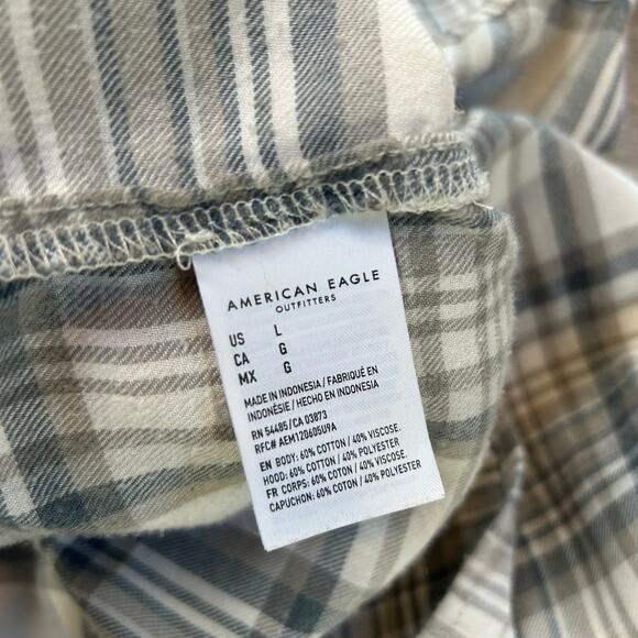 American Eagle Plaid Cropped Flannel Hoodie Jacket Gray Blue Grunge L - Picture 5 of 6